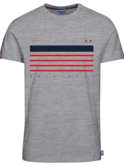 T-shirt en coton gris chiné avec drapeau floqué en marine et rouge sur la poitrine coupe droite
