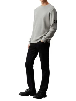 T-shirt en coton gris clair uni col rond et à manches longues