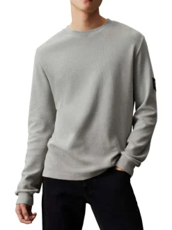 T-shirt en coton gris clair uni col rond et à manches longues