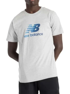 T-shirt en coton gris à imprimé bleu avec un col rond et une coupe droite