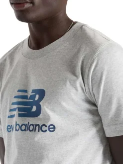 T-shirt en coton gris à imprimé bleu avec un col rond et une coupe droite