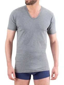 T-shirt en coton gris uni avec une coupe droite et un col V arrondi
