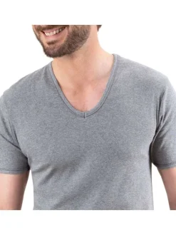 T-shirt en coton gris uni avec une coupe droite et un col V arrondi