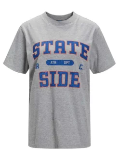 T-shirt en coton gris uni avec une coupe droite et un imprimé poitrine