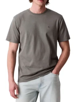T-shirt en coton gris uni à col rond avec le mini logo brodé à la poitrine