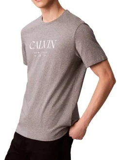 T-shirt en coton gris uni imprimé avec une coupe droite et un col rond