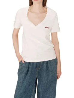 T-shirt en coton ivoire imprimé avec une coupe droite et un col v profond