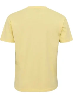 T-shirt en coton jaune avec des écritures imprimées à la poitrine et un col rond