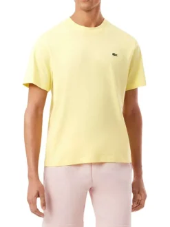 T-shirt en coton jaune à coupe droite pourvu d'un col rond côtelé