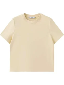 T-shirt en coton jaune pâle uni avec une coupe droite et un col rond