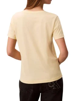 T-shirt en coton jaune uni avec une coupe droite et un col v