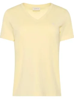 T-shirt en coton jaune uni avec une coupe droite et un col v