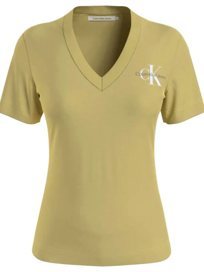 T-shirt en coton jaune uni avec une coupe près du corps et un col v