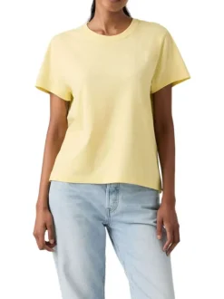 T-shirt en coton jaune uni à coupe ajustée pourvu d'un col rond