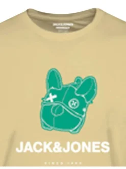 T-shirt en coton jaune uni coupe droite avec col rond et imprimé chien vert