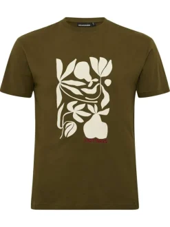 T-shirt en coton kaki avec des graphismes imprimés à l'avant et un col rond