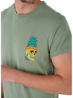 T-shirt en coton kaki avec tête de mort à coupe droite et col rond