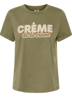 T-shirt en coton kaki avec une écriture à la poitrine et une coupe droite