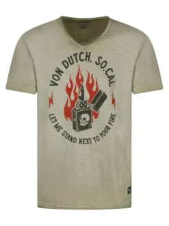 T-shirt en coton kaki clair chiné avec un briquet imprimé et un col v vintage