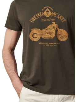 T-shirt en coton kaki à col rond avec un imprimé moto à l'avant