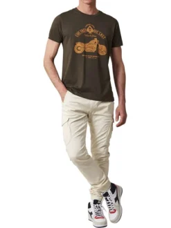 T-shirt en coton kaki à col rond avec un imprimé moto à l'avant