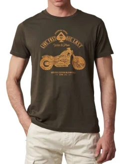 T-shirt en coton kaki à col rond avec un imprimé moto à l'avant