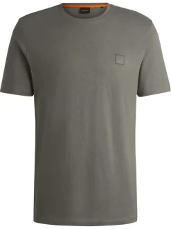 T-shirt en coton kaki à coupe droite pourvu d'un col rond côtelé