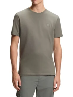 T-shirt en coton kaki à coupe droite pourvu d'un col rond côtelé