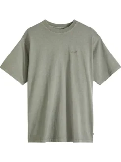 T-shirt en coton kaki à coupe droite pourvu d'un col rond finement côtelé