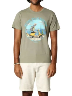 T-shirt en coton kaki imprimé avec une coupe droite et un col rond