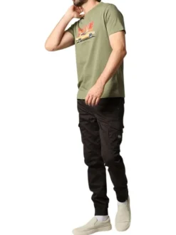 T-shirt en coton kaki imprimé avec une coupe droite et un col rond