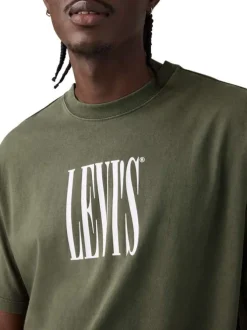 T-shirt en coton kaki imprimé à coupe droite pourvu d'un col rond