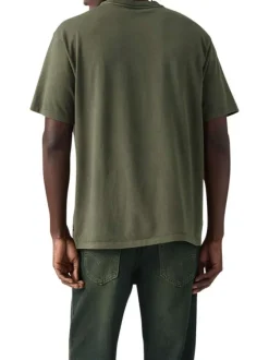 T-shirt en coton kaki imprimé à coupe droite pourvu d'un col rond