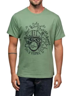T-shirt en coton kaki imprimé pourvu d'un col rond et de manches courtes