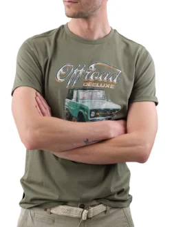 T-shirt en coton kaki imprimé voiture avec une coupe droite et un col rond
