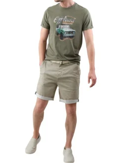 T-shirt en coton kaki imprimé voiture avec une coupe droite et un col rond