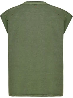 T-shirt en coton kaki légèrement délavé à coupe droite avec des petits clous