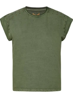 T-shirt en coton kaki légèrement délavé à coupe droite avec des petits clous