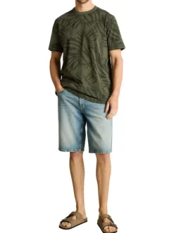 T-shirt en coton kaki à motifs pourvu d'une coupe droite et d'un col rond