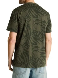 T-shirt en coton kaki à motifs pourvu d'une coupe droite et d'un col rond