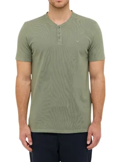 T-shirt en coton kaki uni avec un col tunisien et des manches courtes