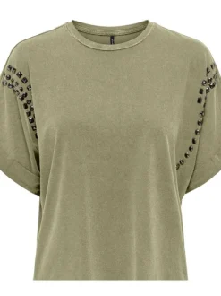 T-shirt en coton kaki uni avec une coupe droite et des bijoux décoratifs