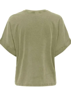 T-shirt en coton kaki uni avec une coupe droite et des bijoux décoratifs