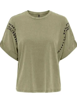 T-shirt en coton kaki uni avec une coupe droite et des bijoux décoratifs