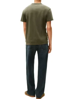 T-shirt en coton kaki uni avec une coupe droite et un col rond