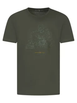 T-shirt en coton kaki uni avec une moto en relief à l'avant et un col rond