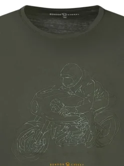 T-shirt en coton kaki uni avec une moto en relief à l'avant et un col rond