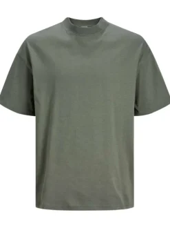 T-shirt en coton kaki uni coupe droite avec un col rond et coton épais