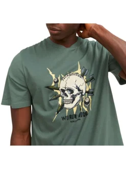T-shirt en coton kaki uni coupe droite avec un col rond et flocage crâne