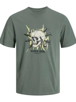 T-shirt en coton kaki uni coupe droite avec un col rond et flocage crâne
